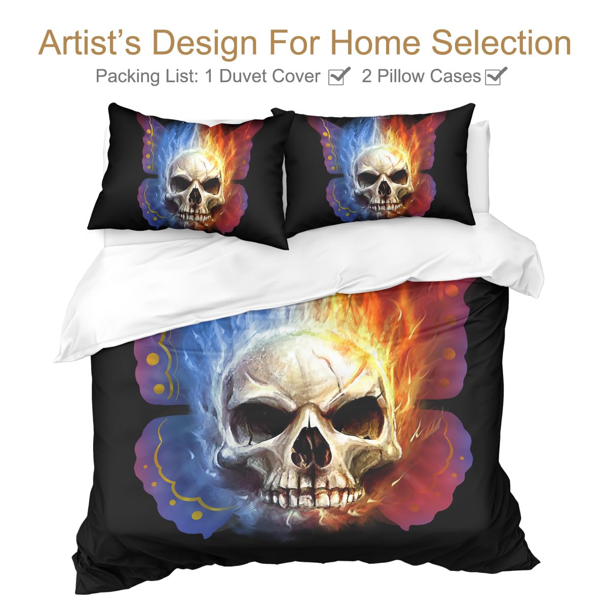 Sleepwish Skull Print Full Size Bedding Set for Boys - Fire Themed Duvet Cover with 2 Matching Pillowcases (Blue & Orange) - Perfect for Teen Bedrooms, Dorm Rooms & Gothic Decor