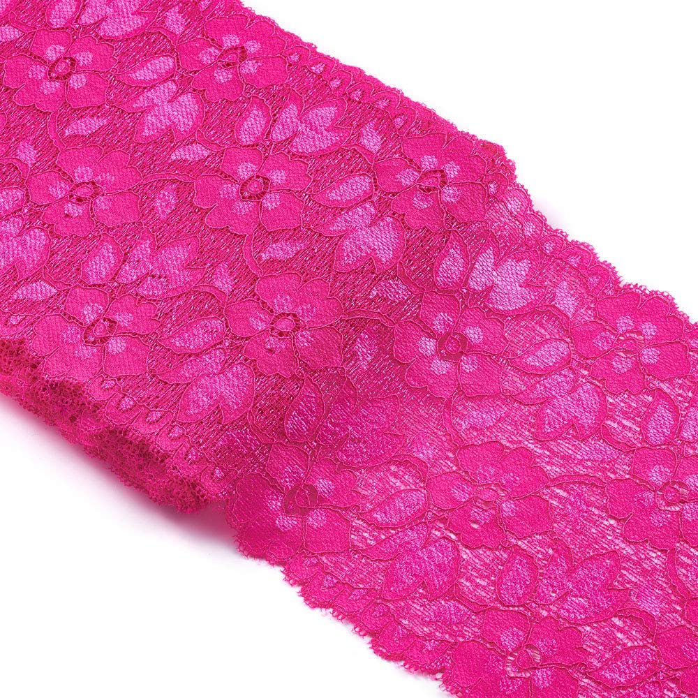 10 Yards Stretch Elastic Lace Trim - Hot Pink Floral Tulle Embroidered Ribbon (6.3 Inch/16cm Wide) for DIY Crafts, Jewelry Making, Sewing, Gift Wrapping, Wedding & Party Decorations - Perfect for Dresses, Headbands, Scrapbooking and Home Decor