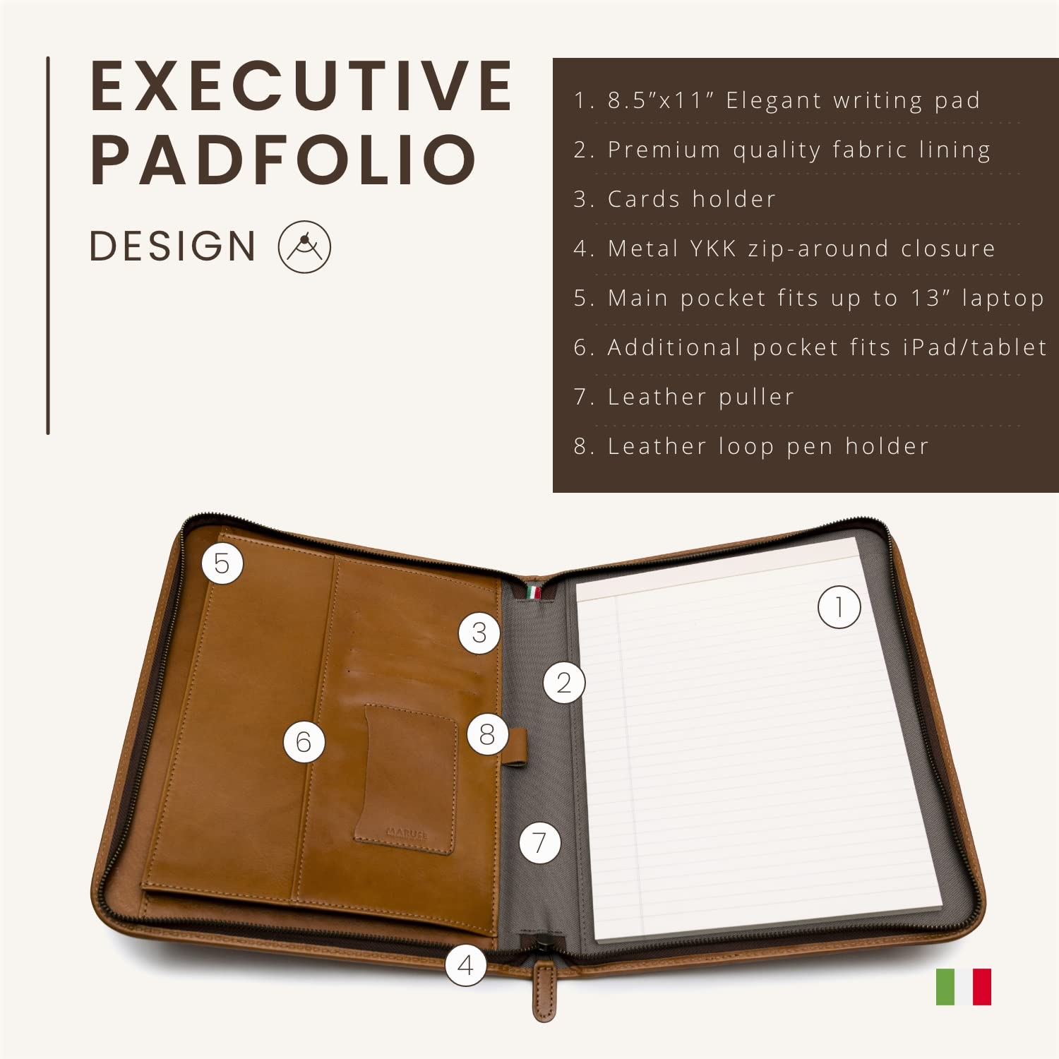 Premium Italian Leather Portfolio Padfolio for Men & Women - Zippered Executive Folio with Document Organizer, Laptop Sleeve & iPad Case - Honey Brown Genuine Leather - Perfect for Business Meetings, Office Work & Travel Accessories