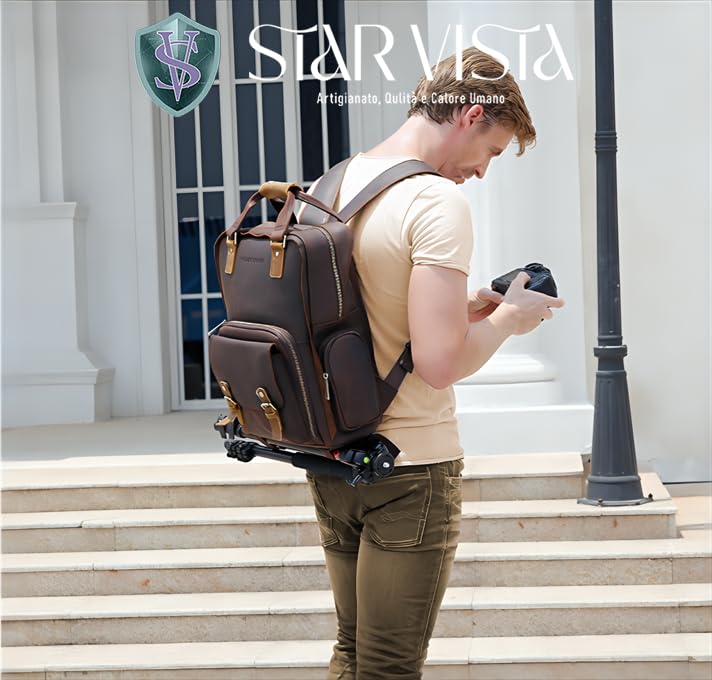 STAR VISTA Bernini Vintage Full Grain Leather DSLR/SLR Camera Backpack - Professional Photographer Bag with Tripod Holder & Laptop Compartment (Fits 15.6