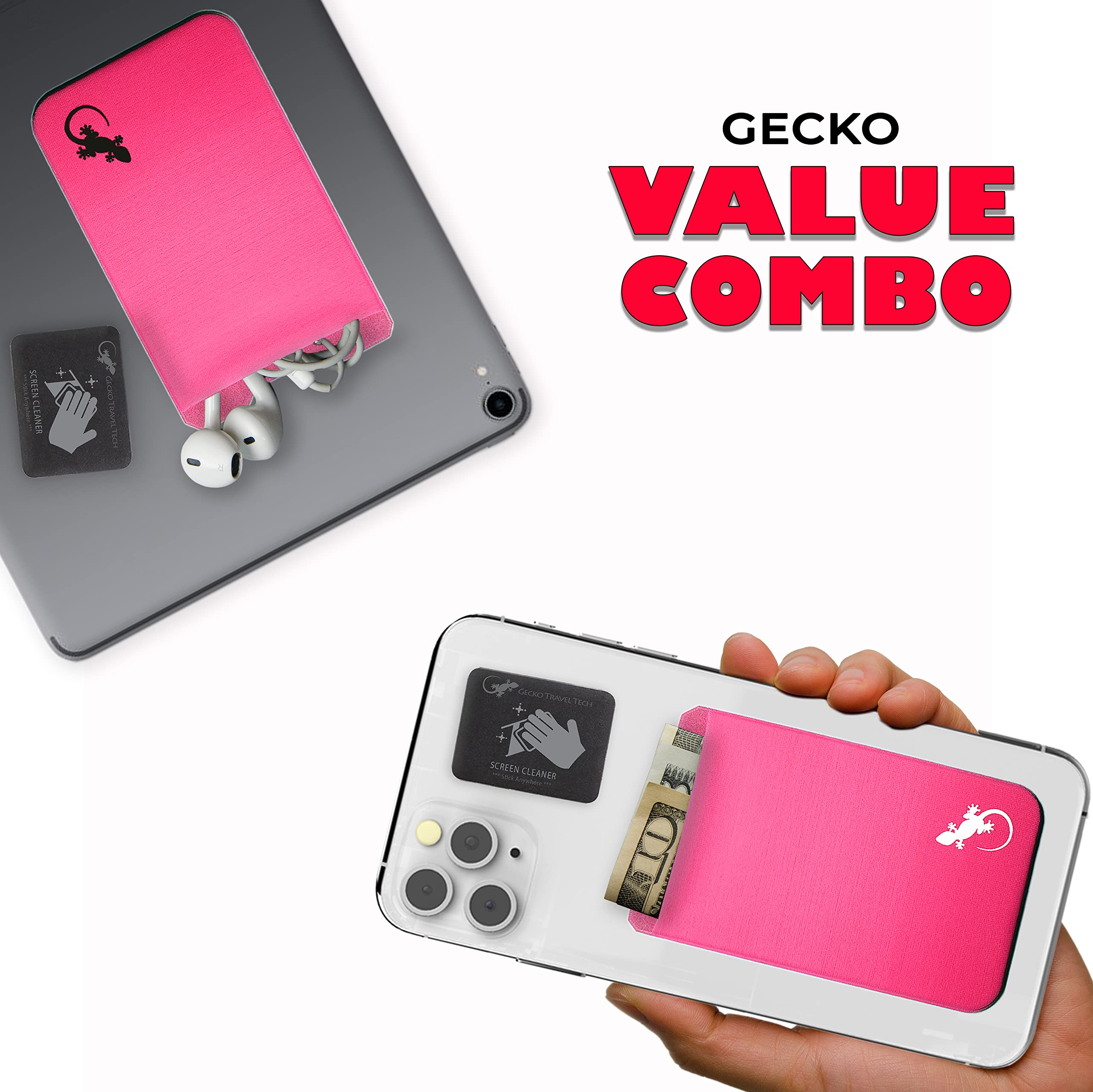Stick-On Phone Wallet with Adhesive Card Holder - Slim Lycra Pocket for Credit Cards & Cash - Secure Cell Phone Pouch by Gecko - Perfect for Travel, Gym & Everyday Use