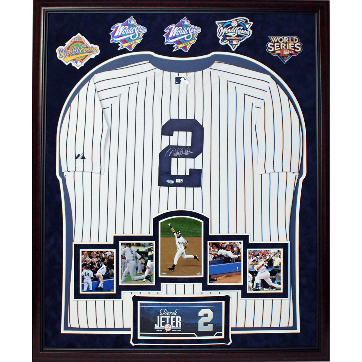 **Derek Jeter Autographed New York Yankees Home Jersey Framed with Career Highlights & 5 World Series Patches - 32x40 Inches - Perfect for Yankees Fans, Sports Memorabilia Collectors, and Home or Office Decor**