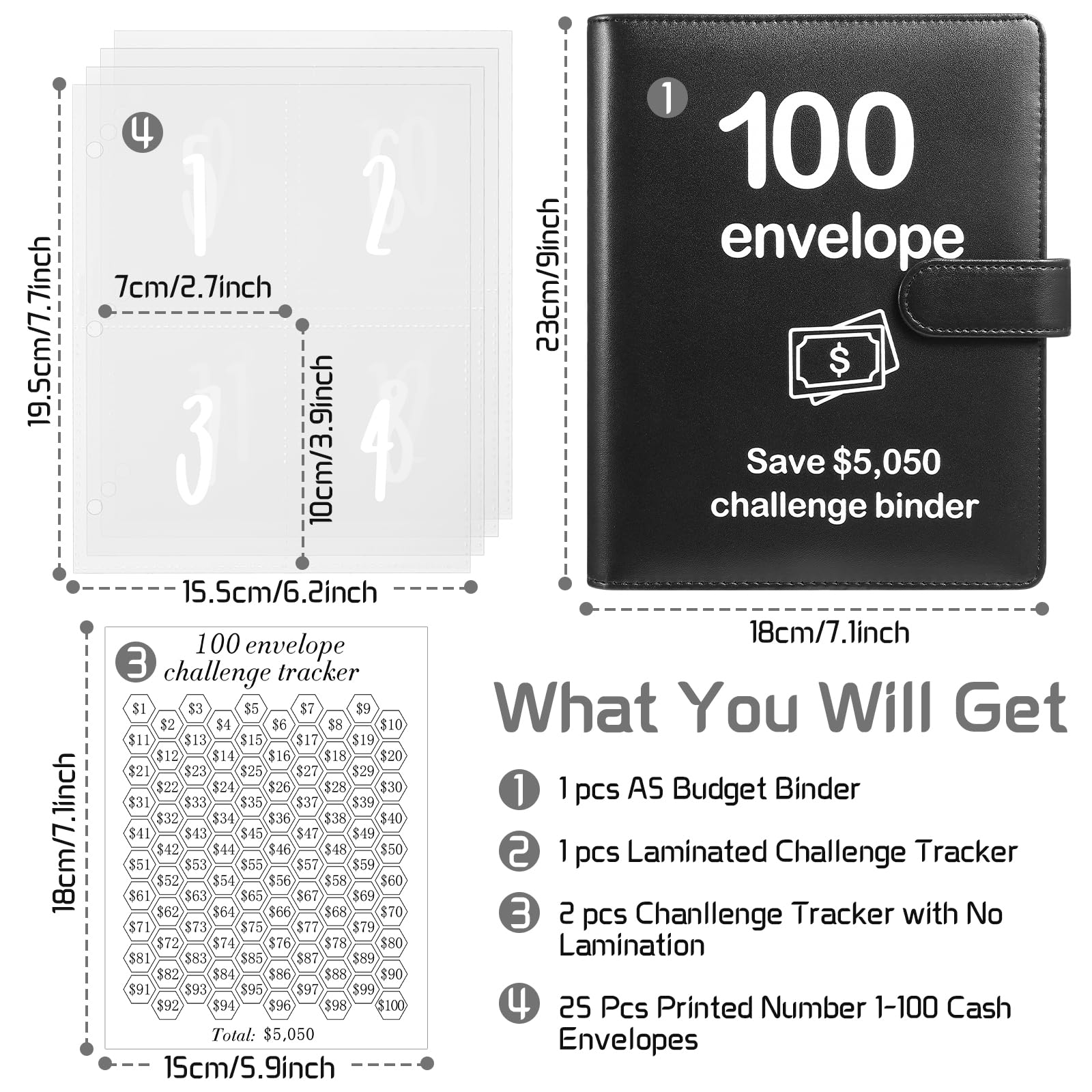 100 Envelopes Money Saving Challenge Binder with Laminated Tracker - Budget Organizer with Cash Envelopes - Save $5,050 Easily - Personal Finance Tool for Cash Budgeting & Debt Free Journey - Perfect for Home Budgeting & Financial Planning (Black)
