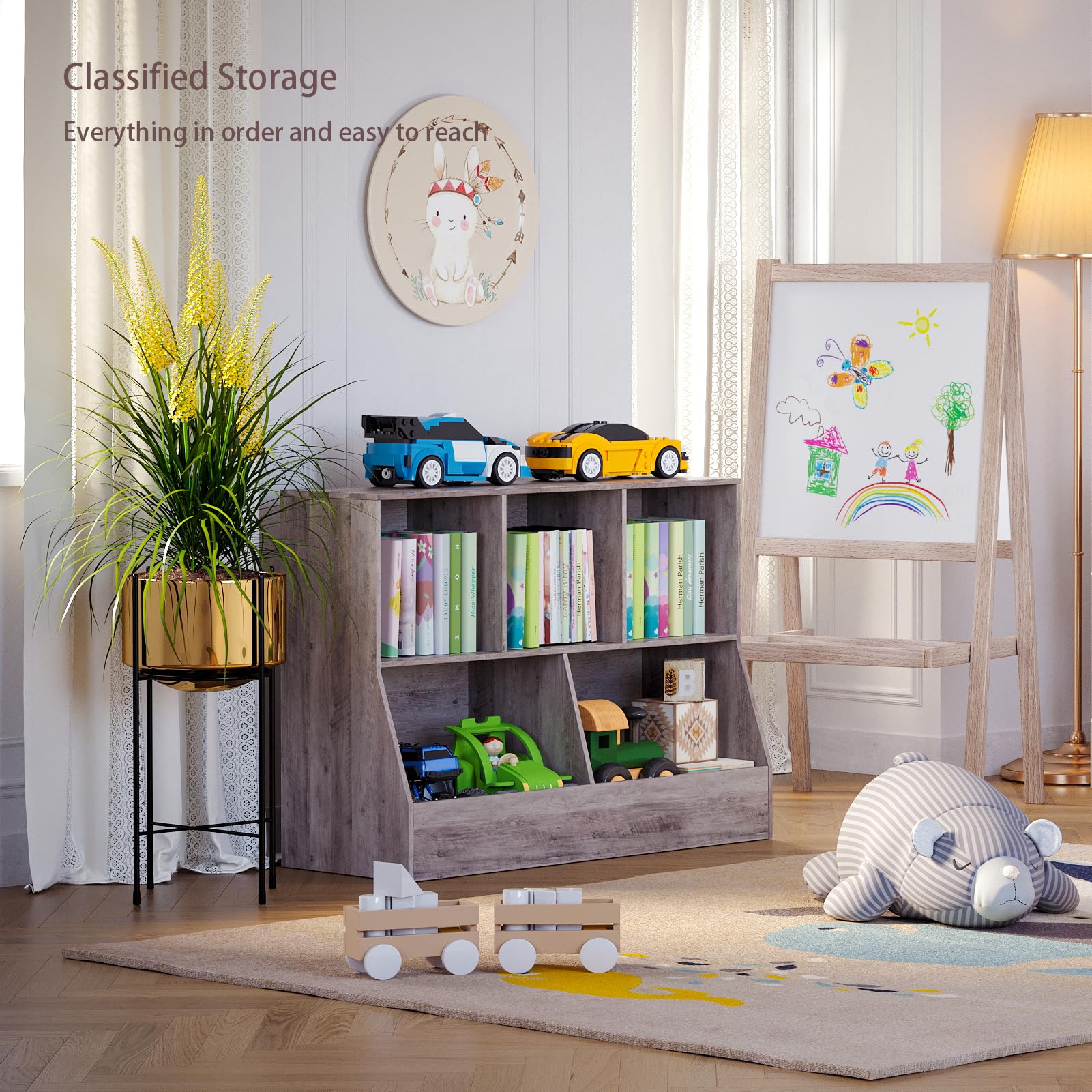 DINZI LVJ Kids Wooden Toy Storage Organizer & Bookshelf - 5 Cubby Bookcase for Playroom, Bedroom, Nursery - 39.4