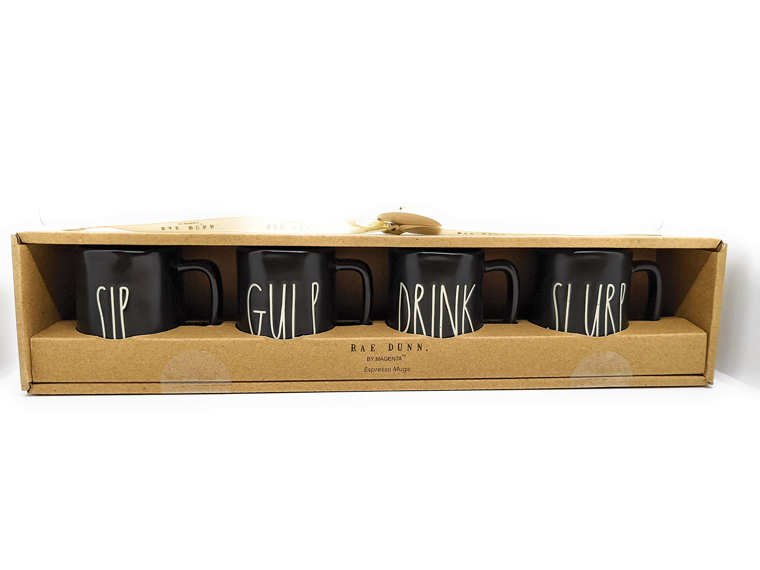 Rae Dunn by Magenta 4-Piece Black Ceramic Espresso Cup Set - SIP, GULP, DRINK, SLURP - Perfect for Coffee Shops, Home Brewing & Gift Giving