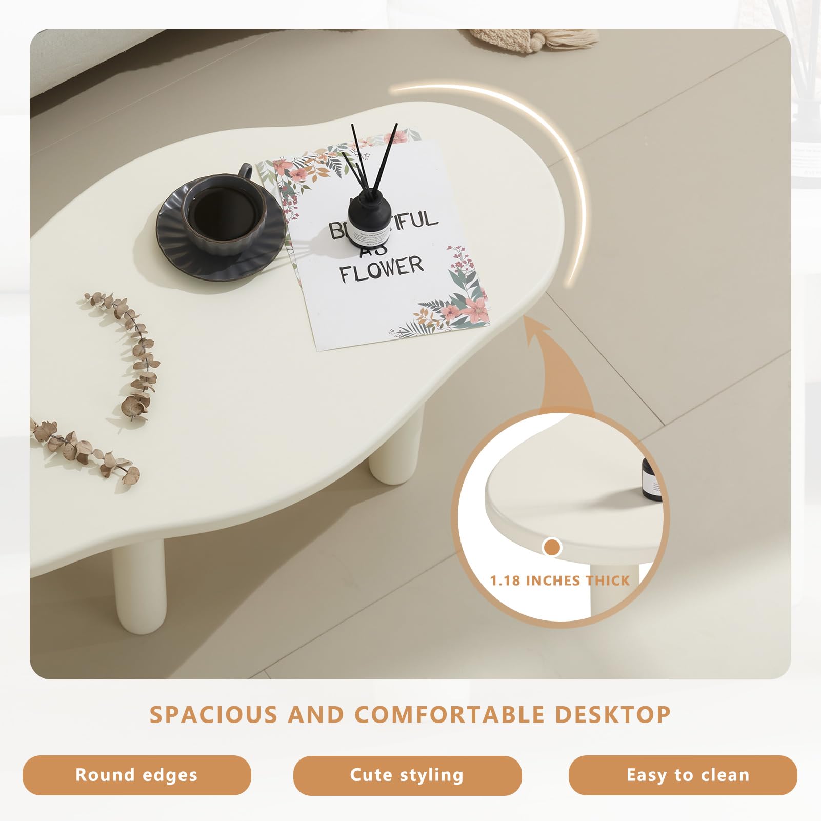 MAXYOYO White Cloud Coffee Table - Unique Irregular Shape with 4 Sturdy Legs | Modern Living Room Centerpiece for Small Spaces & Cozy Home Decor