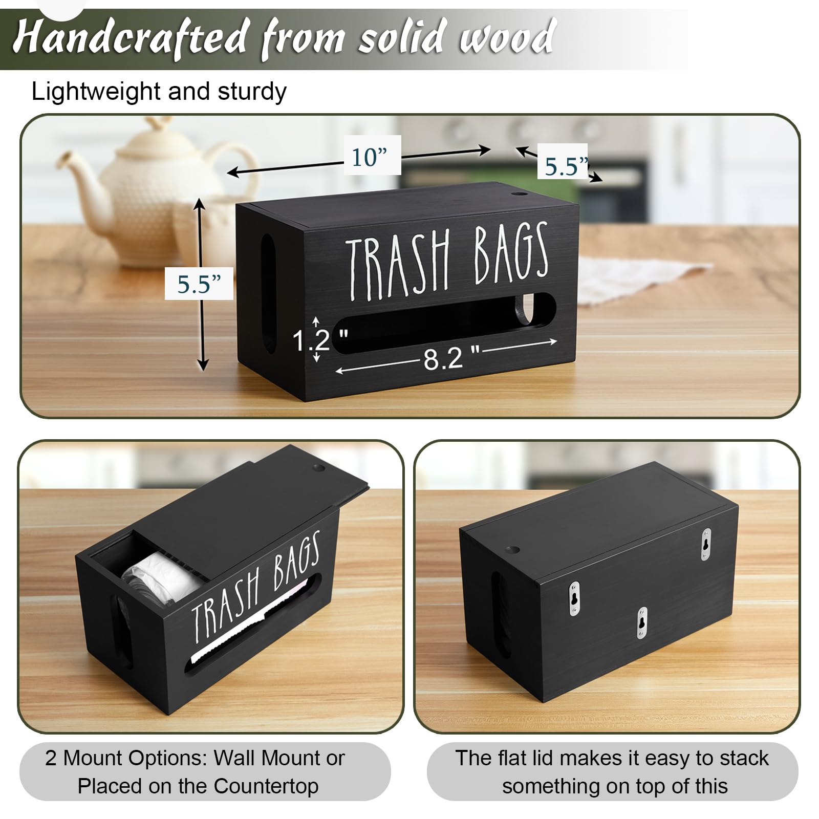DRASTAR Wall Mount Trash Bag Dispenser - Wooden Garbage Bag Holder & Organizer for Plastic Bags - Kitchen Sink Storage Solution - Perfect for Home, Office, RV and Camping Use