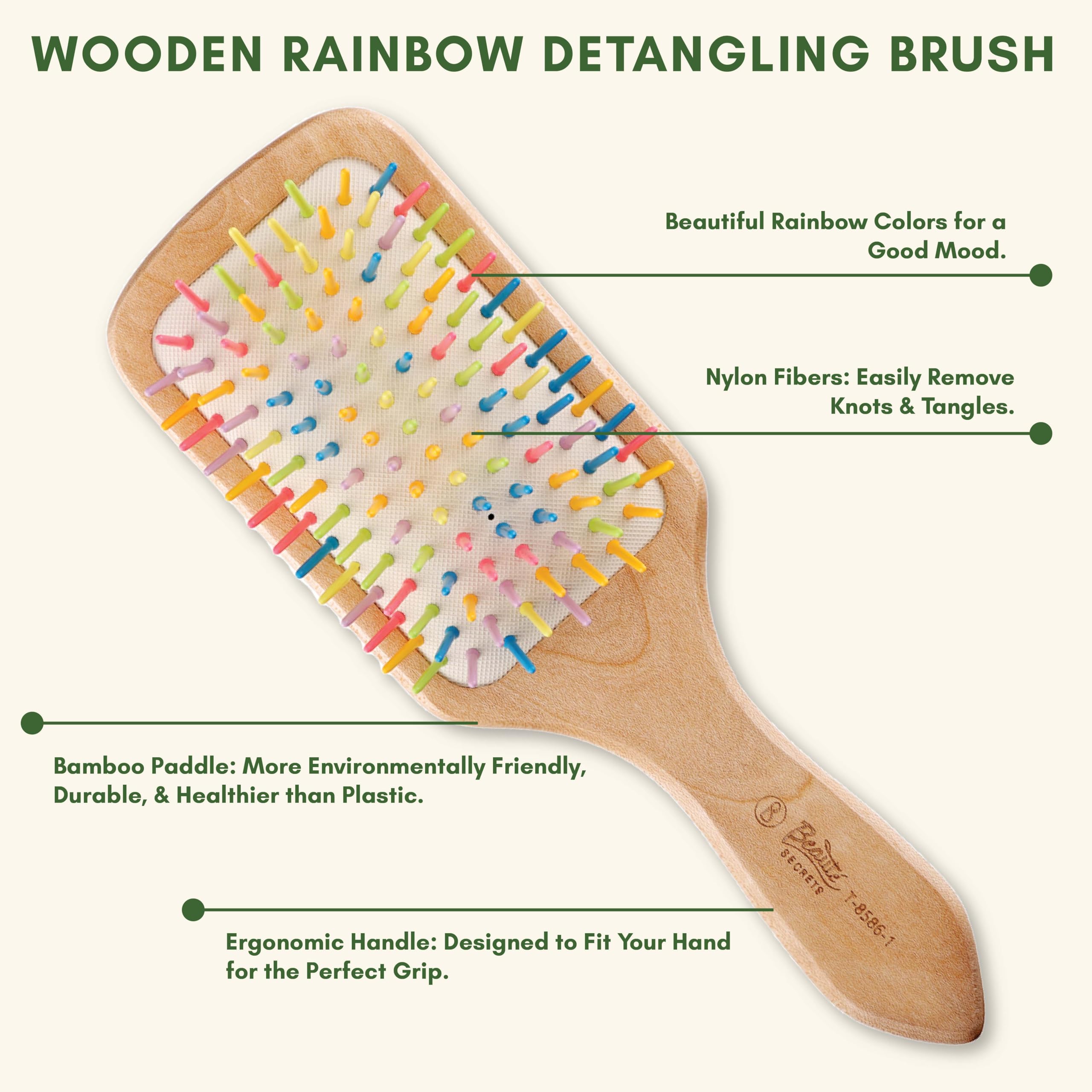 Beauté Secrets Wooden Paddle Hair Brush - Natural Bamboo Hair Brush with Rainbow Tips for Women & Men - Eco-Friendly Large Hairbrush for Thick, Curly, Wavy & Long Hair - Reduces Hair Loss & Frizz - Perfect for Daily Styling, Salon Use & Travel