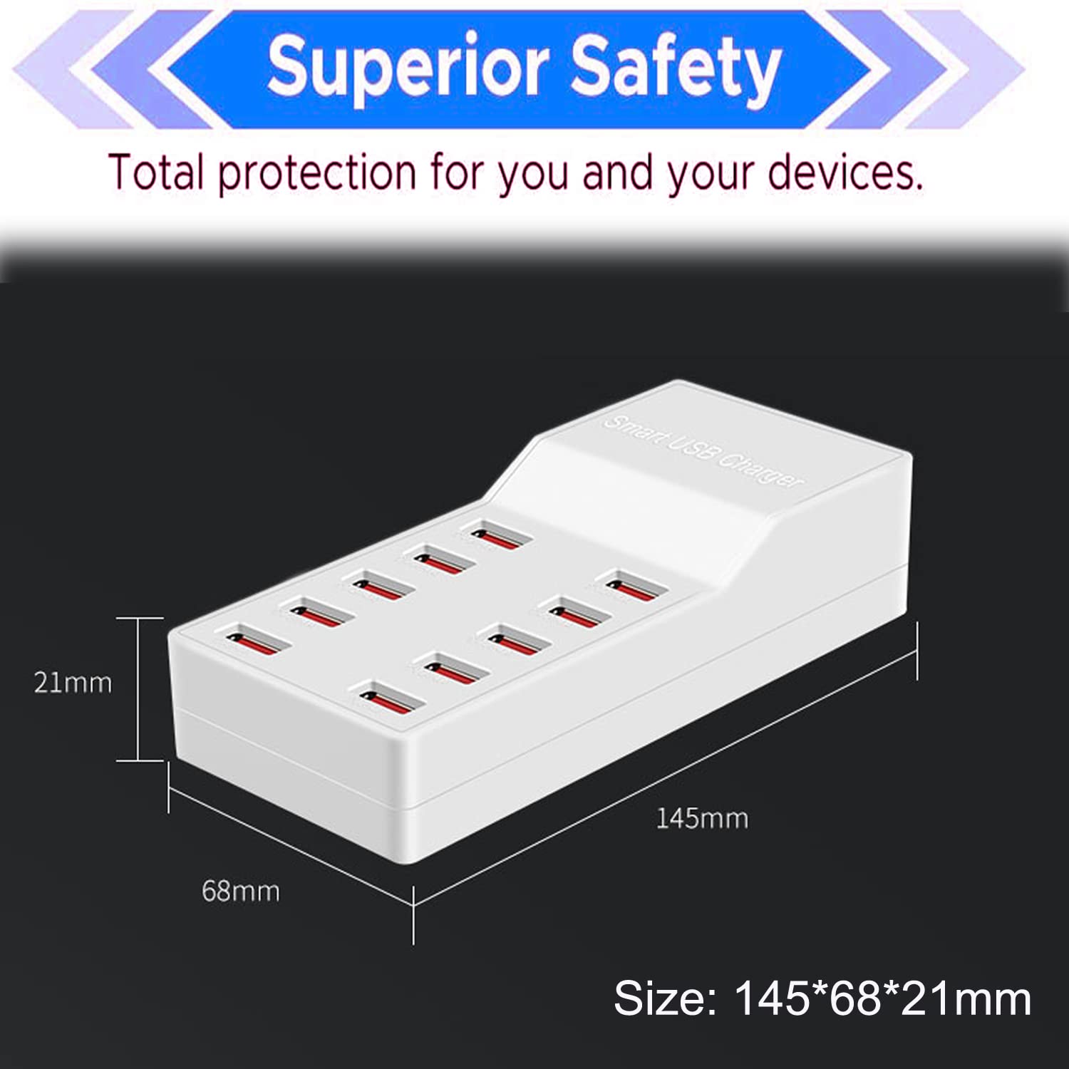 10-Port USB Charger Station 50W for Smartphones & Tablets - Home & Office Use