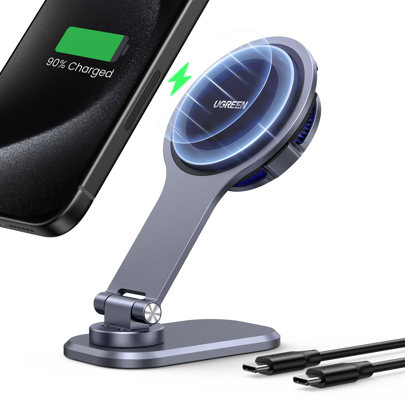 UGREEN Magnetic Car Phone Holder & Wireless Charger - 15W Fast Charging, Strong Magnet, Compatible with iPhone 15/14/13/12 Pro Max/Plus/Mini, Samsung Galaxy - Perfect for Safe Driving & Hands-Free Navigation