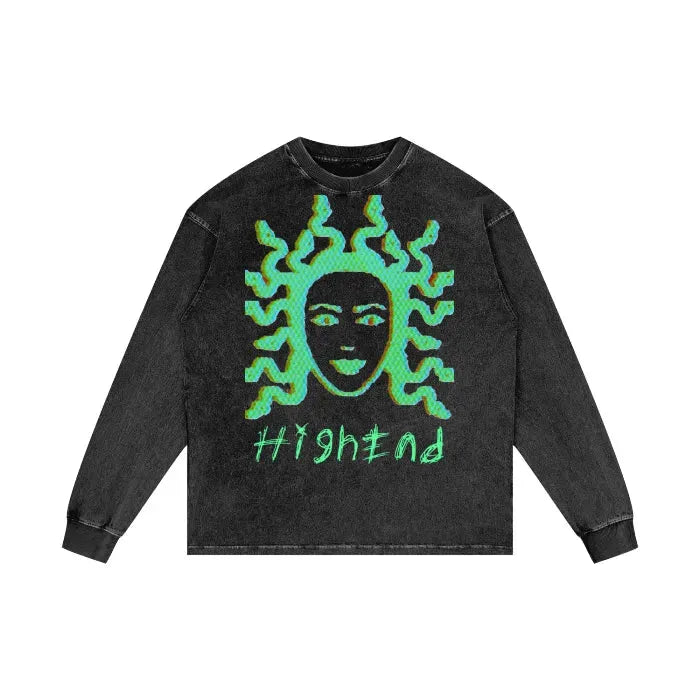 Stylish Medusa Print Acid Wash Oversized Long Sleeve T-Shirt | 250 GSM Premium Cotton | Vintage Streetwear for Women & Men | Perfect for Casual Outfits, Concerts, and Gothic Fashion