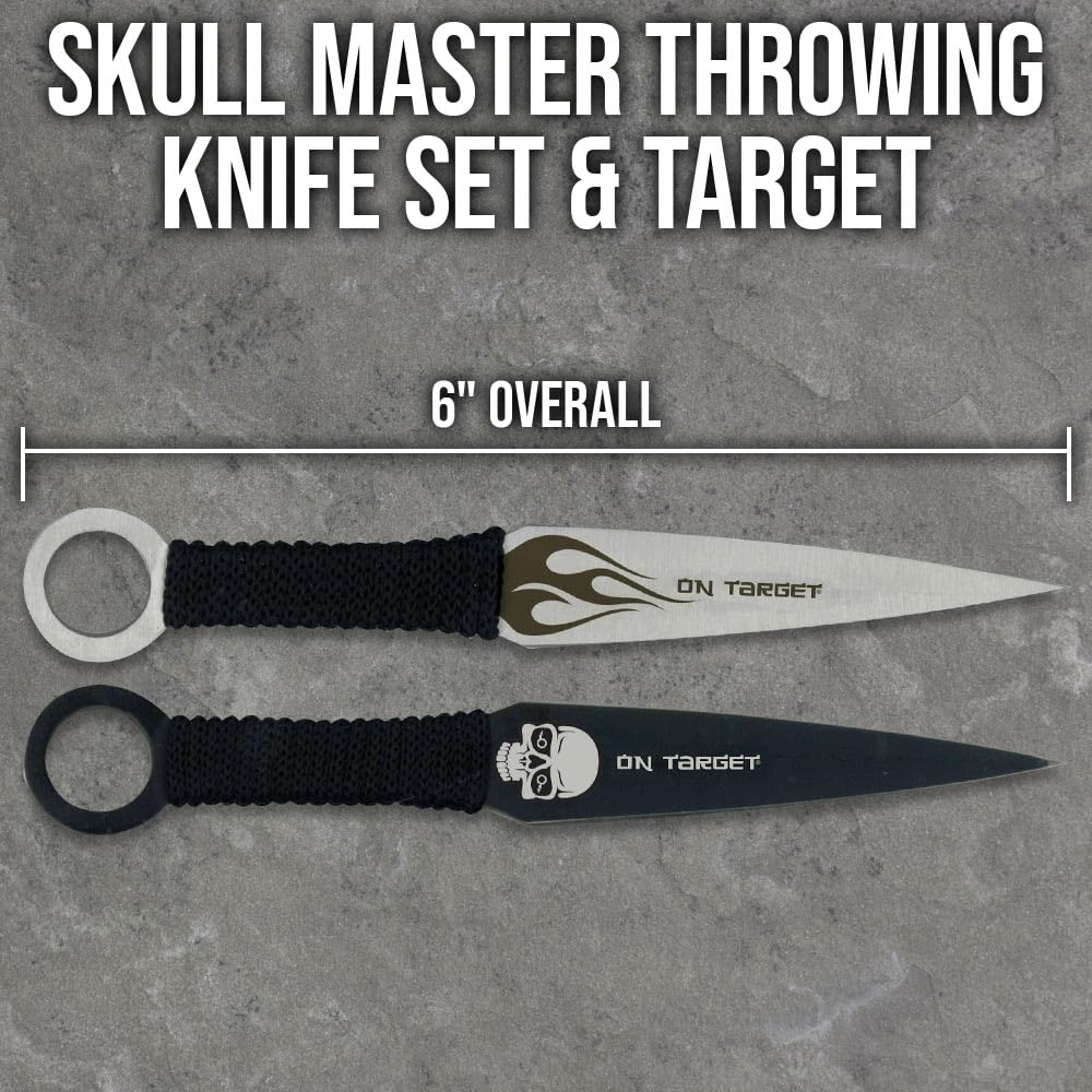 Skull Master Throwing Knife Set - 12 Stainless Steel Knives with Nylon Sheath & Skull Target - 6