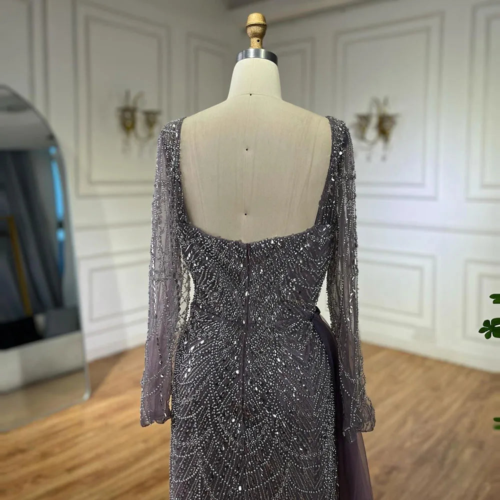 Elegant Arabic Purple Mermaid Evening Gown with Beaded Details & Tulle Overskirt for Women | Wedding, Prom, Gala & Formal Party Dresses 2025 | LA72032F | Perfect for Bridesmaid, Cocktail Party & Special Occasions