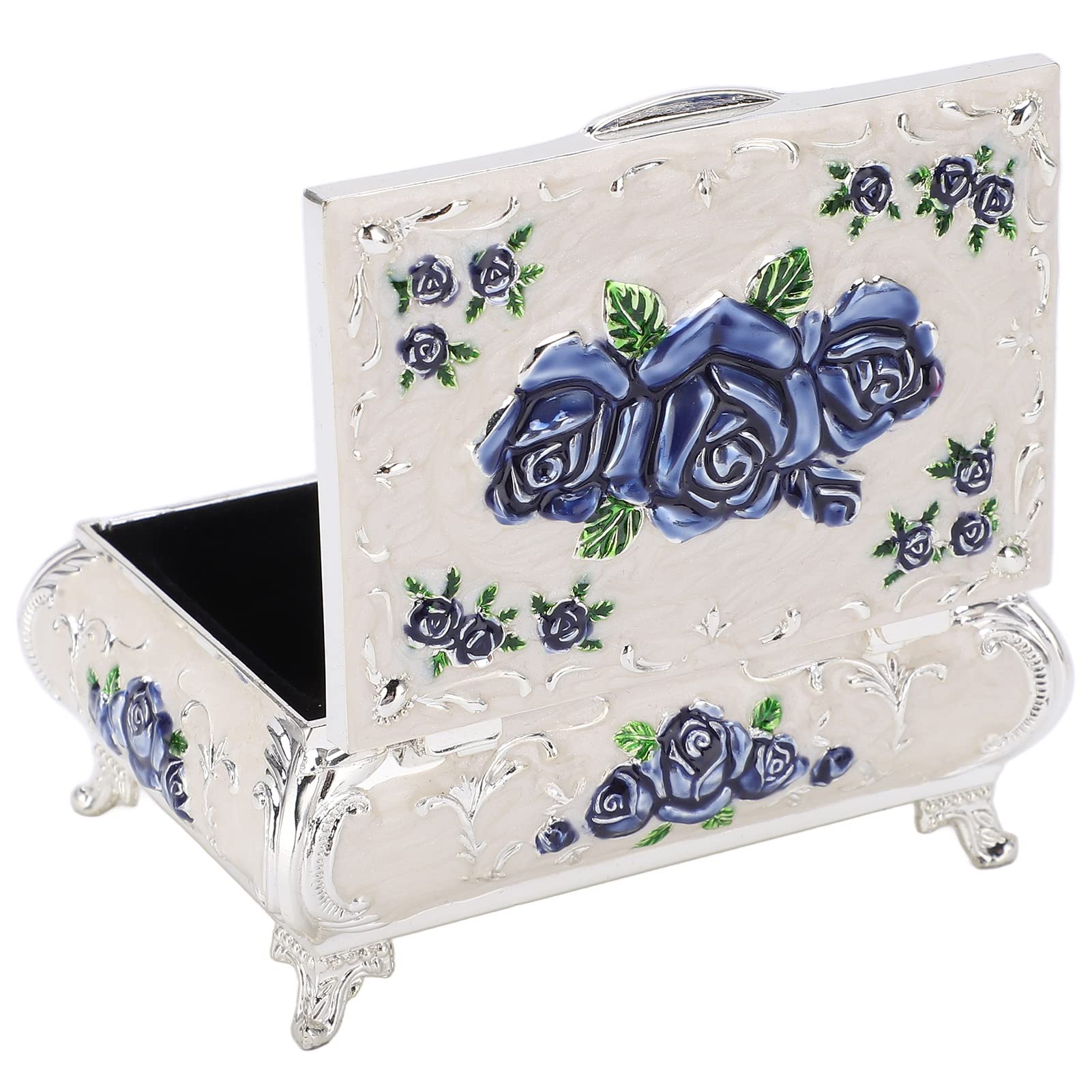 Vintage Antique Jewelry Box with Embossed Design - Zinc Alloy Storage Case for Rings & Earrings in Silver White & Blue Rose Colors - Perfect for Gift Giving, Home Decor & Jewelry Organization