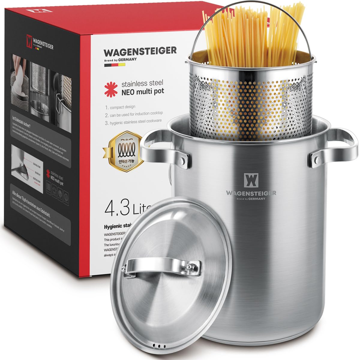 Premium Stainless Steel Asparagus Steamer Pot & Pasta Cooker with Perforated Basket - Tall Large 4.3L (1.14 Gal) 3-Ply Base for Healthy Cooking - Perfect for Vegetables, Spaghetti, Seafood & Meal Prep