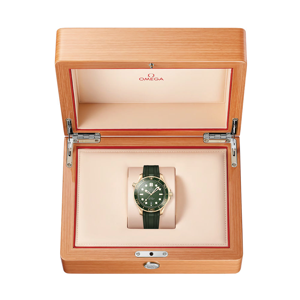 Omega Seamaster Diver 300M Co-Axial Master Chronometer 42mm Watch - Green Dial with Moonshine™ Gold Case & Rubber Strap | Luxury Dive Watch for Men, Water Resistant for Swimming & Professional Diving