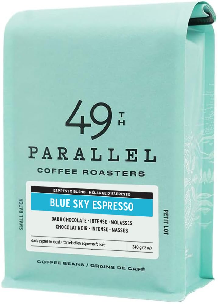 49th Parallel Coffee Roasters - Blue Sky Espresso Roasted Coffee Beans, 12oz Bag | Premium Whole Bean Coffee for Espresso Machines & French Press | Perfect for Home Brewing & Office Use
