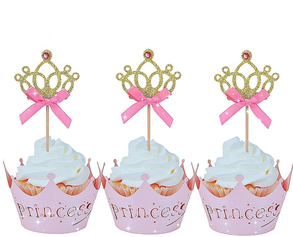 **JeVenis 40 PCS Glittery Princess Crown Cupcake Toppers & Wrappers - Baby Shower, Birthday Party Decorations - Perfect for Princess-Themed Celebrations, Kids' Parties, and Dessert Table Decor**