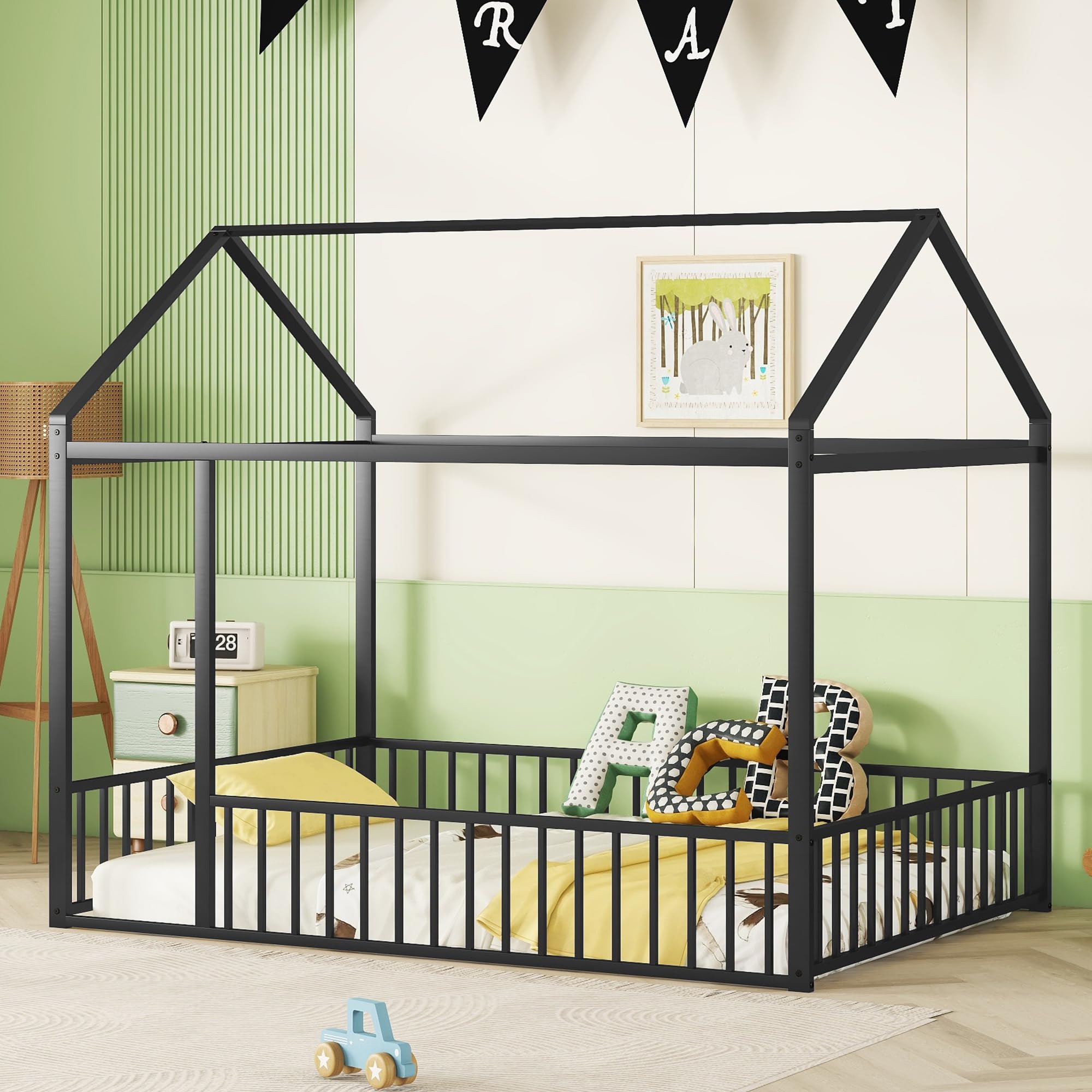Montessori Floor Bed for Kids - Full Size Metal House Bed Frame with Safety Fence, Black Playhouse Toddler Bed for Boys & Girls - Perfect for Montessori Bedrooms, Playrooms & Safe Sleep Spaces