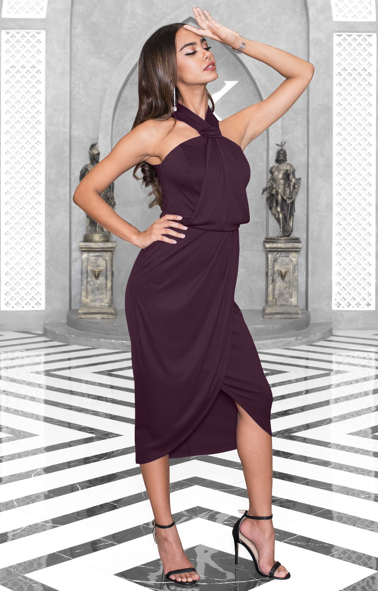 Elegant Women's Long Halter Neck Slit Midi Dress for Wedding Guest & Bridesmaid | Formal Evening Gown for Special Occasions, Parties & Cocktail Events