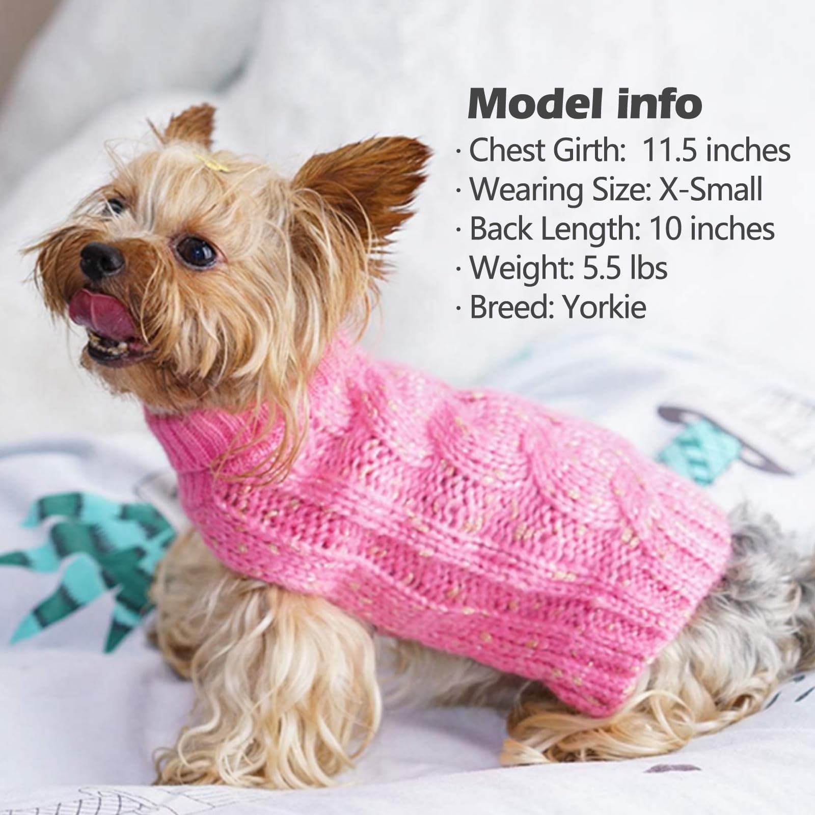 KYEESE Warm Dog Sweater for Small Dogs - Turtleneck Knit Pullover Coat with Golden Yarn for Fall & Winter | Cozy Pink X-Small Dog Clothing for Indoor Comfort & Outdoor Walks