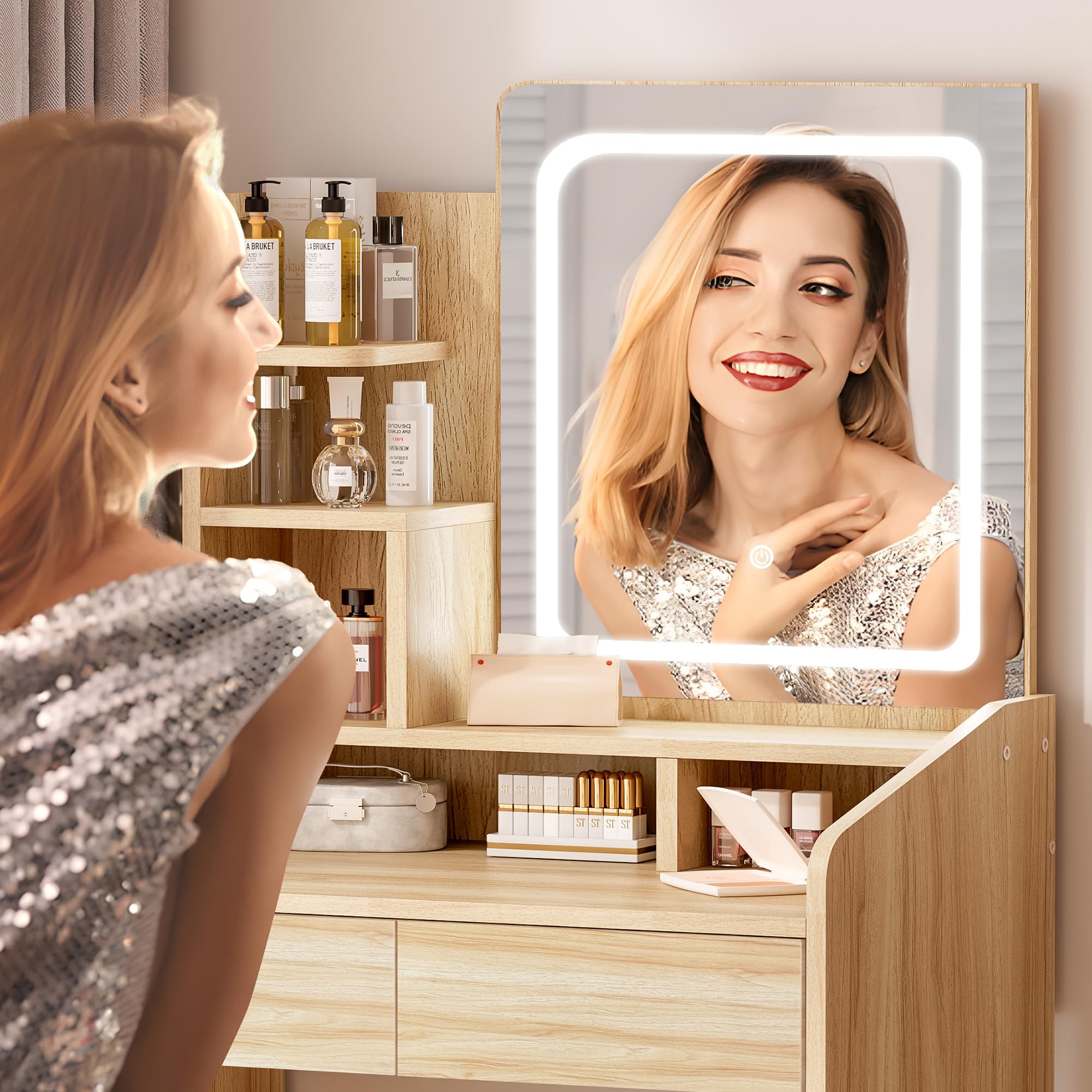 Elegant Small Vanity Desk Set with Square Mirror & LED Lights - Wooden Dressing Table with Storage Drawers - Perfect for Bedroom Makeup & Jewelry Organization