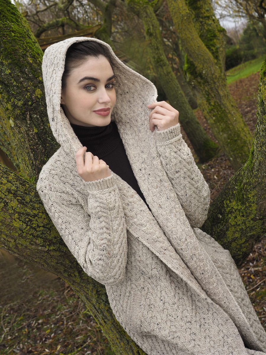Aran Shawl Collar Hooded Cardigan Sweater for Women - Cozy Winter Knitwear in 2 Colors (Beige & Gray) - Perfect for Casual Outfits, Office Wear and Fall Layering