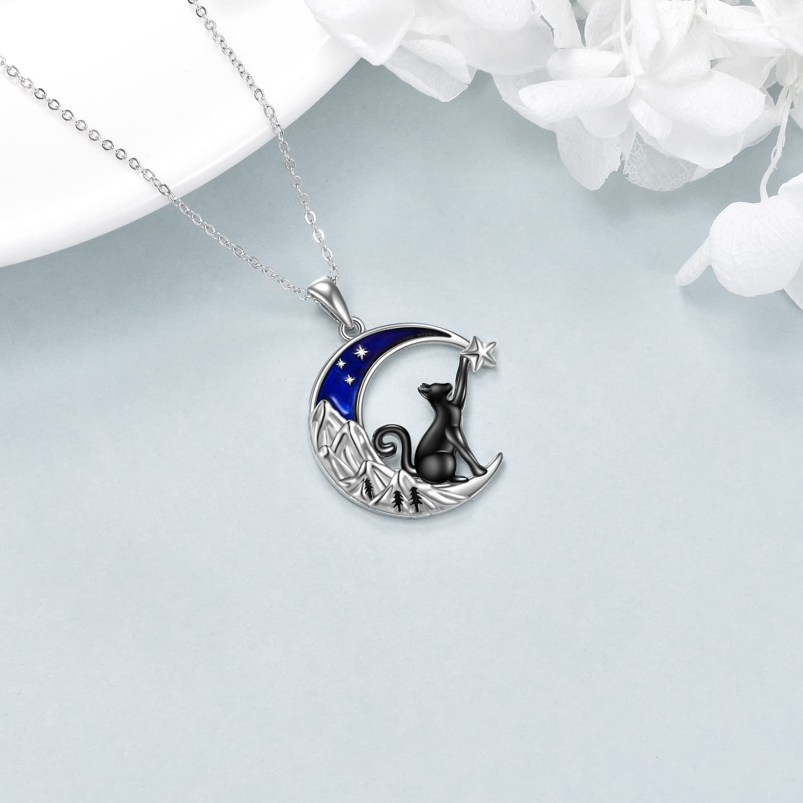 VONALA 925 Sterling Silver Black Cat Necklace with Moon Pendant - Elegant Jewelry Gift for Women & Teen Girls | Birthday, Anniversary, Halloween & Everyday Wear