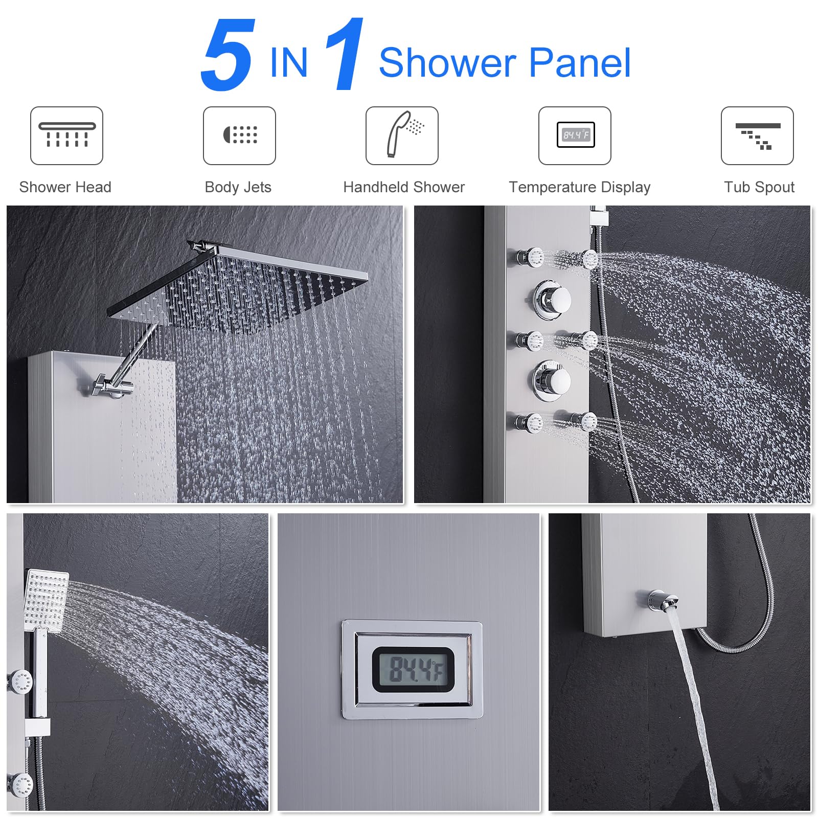Premium 304 Stainless Steel Shower Panel System - 6 Body Jets, 9