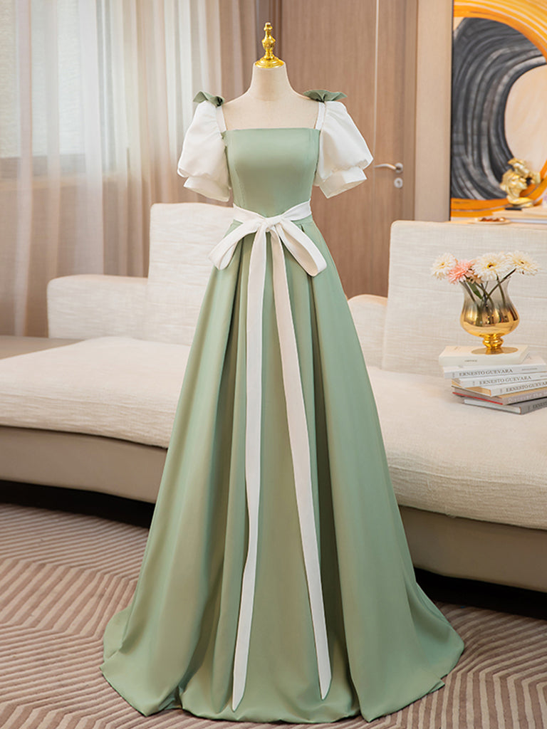 Elegant Puff Sleeves A-Line Satin Prom Dress in Green/White - Long Formal Evening Gown for Homecoming, Wedding Guest, and Special Occasions