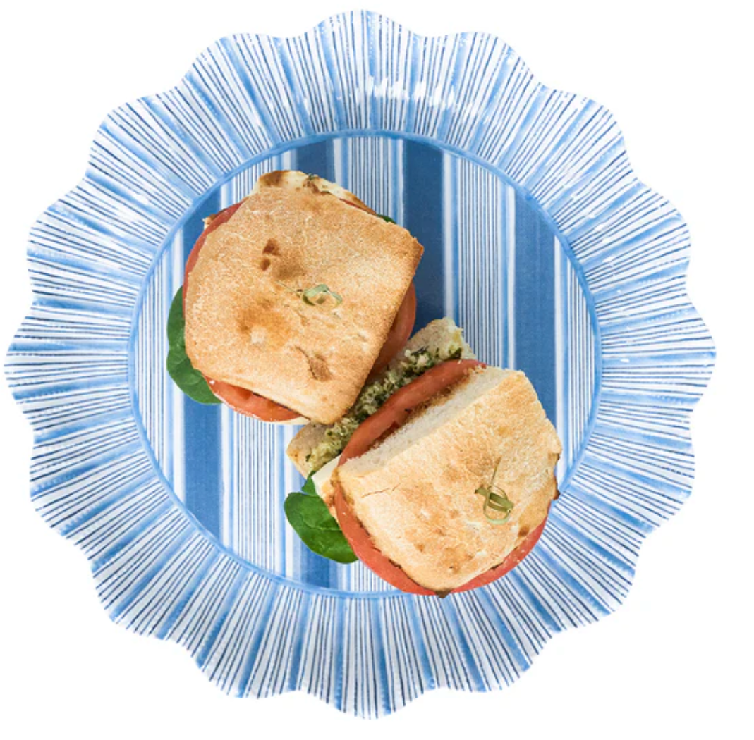 Juliska Cabana Stripe Melamine Dinner Plates - Set of 4, Ocean Blue - Shatterproof & Lightweight Outdoor Dinnerware for Picnics, Pool Parties & Beach Dining