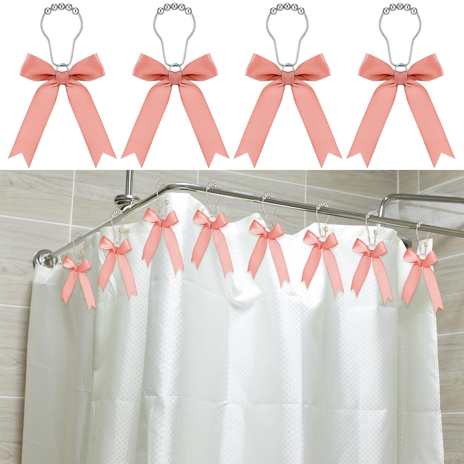 12 Pack Pink Bow Shower Curtain Hooks - Cute Ribbon Bow Knot Decorative Bathroom Hangers for Shower, Bathtub & Nursery - Dusty Pink Bathroom Accessories & Home Decor (Perfect for Girls' Rooms, Baby Showers & Vintage Style Bathrooms)