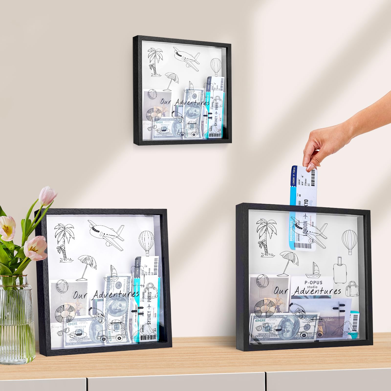 SPACEKEEPER 12x12 Inch Black Adventure Travel Shadow Box - Memory Keepsake Display Frame for Wedding Tickets, Photos & Travel Mementos - Perfect for Home Decor, Anniversary Gifts & Wall Display