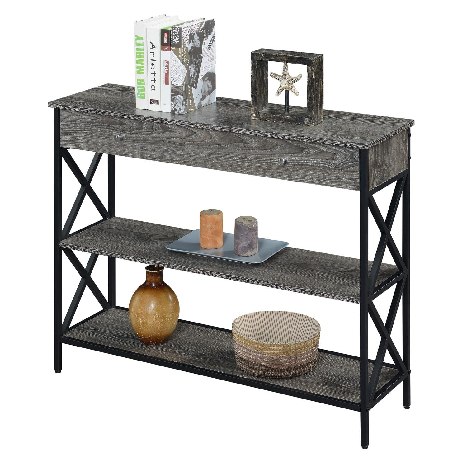 Convenience Concepts Tucson 1-Drawer Console Table with Shelves - Weathered Gray/Black Entryway Table for Hallway, Living Room & Bedroom Organization