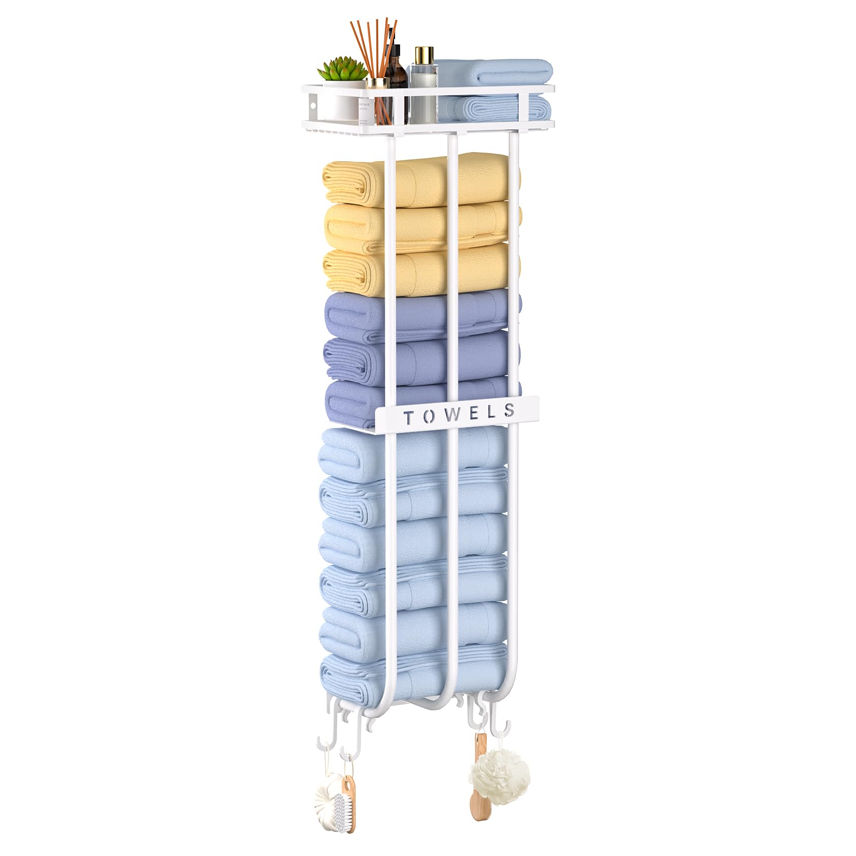 32 Inch Wall Mounted Bathroom Towel Rack - 3 Bar Rolled Towel Holder with Metal Top & 4 Hooks - Holds 6 Large Towels - Space Saving Storage Solution for Small Bathrooms - Perfect for Bathroom, Laundry Room or Spa Decor (White)