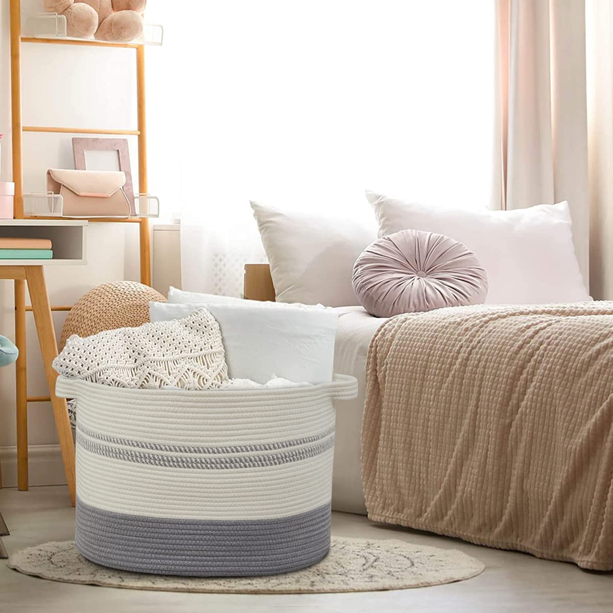 OIAHOMY 20x20x13 Inches Cotton Rope Storage Basket with Handles - Woven Laundry Basket, Blanket Organizer, Baby Toy Bin - Perfect for Nursery, Bathroom & Home Organization