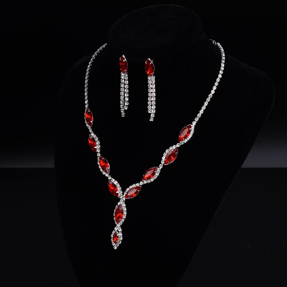 Elegant Silver Rhinestone Bridal Necklace & Earrings Set - Sparkling Crystal Choker for Women's Wedding, Prom, Evening Party (Red) | Perfect for Bridal Shower, Anniversary & Formal Events