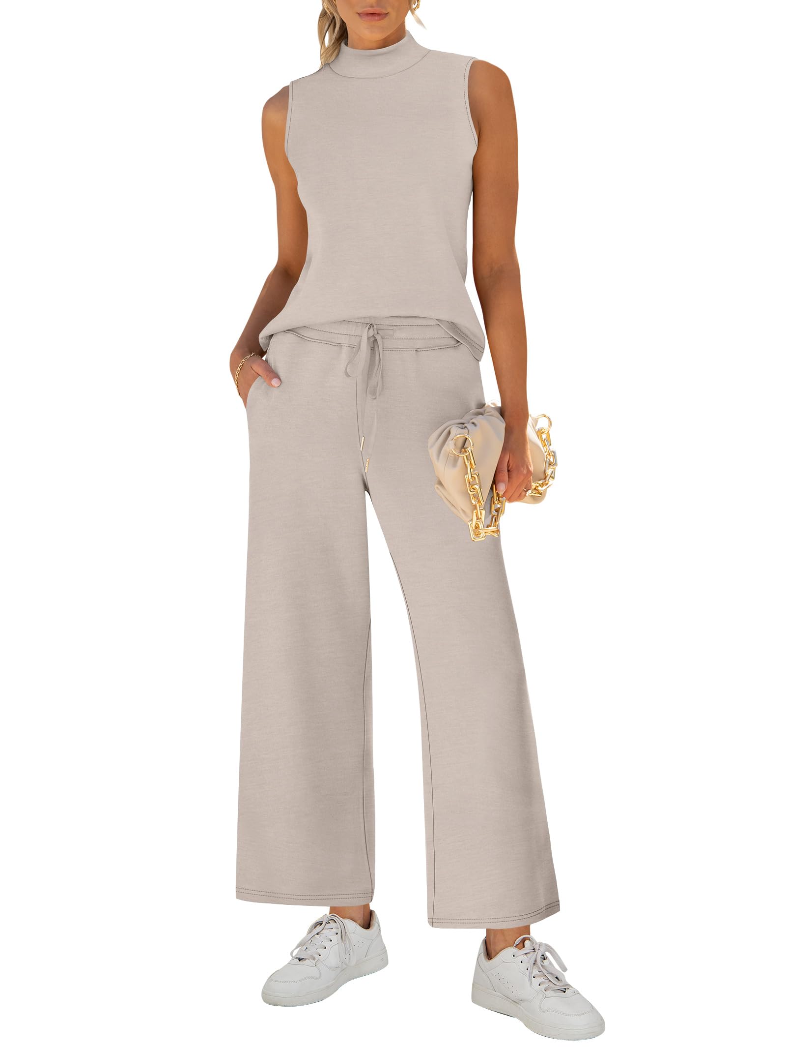 ANRABESS Women's 2-Piece Lounge Set - Summer Mock Neck Top & Wide Leg Pants Casual Outfit | Comfortable Travel Clothes & Home Wear | 2024 Fashion Tracksuit for Vacation, Yoga, and Relaxation