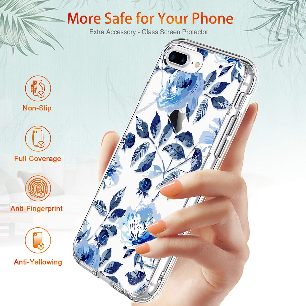 GiiKa Heavy Duty Clear Floral Phone Case for iPhone 8 Plus/7 Plus with Screen Protector | Shockproof TPU Bumper Cover | Stylish Blue Flower Design for Women & Girls | Perfect for Everyday Protection & Fashion Accessory