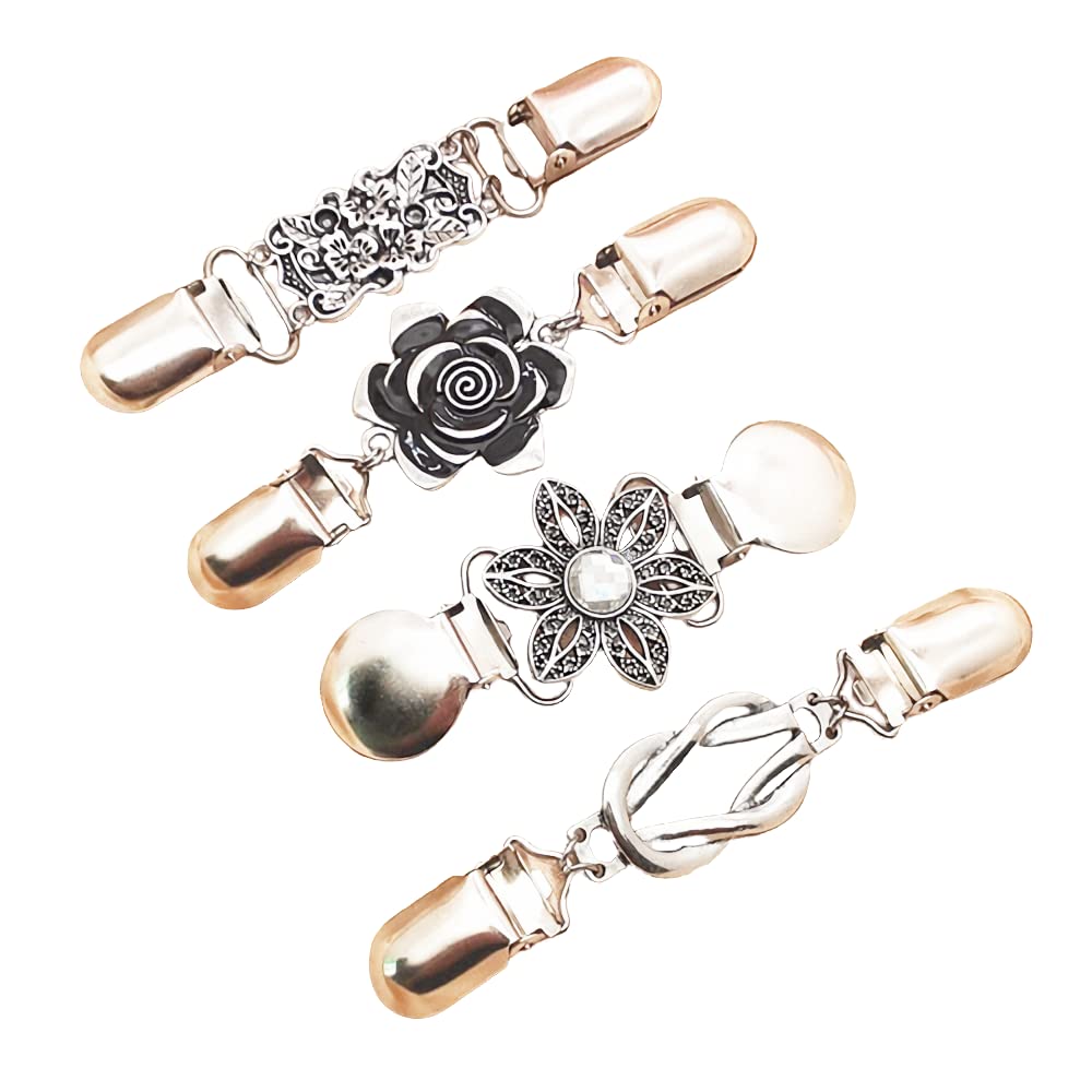 Vintage Sweater Shawl Clips - 4 Piece Set Retro Cardigan Collar Clips for Women & Girls - Dress Shirt Brooch Clips in 4 Stylish Designs - Perfect for Sweaters, Dresses & Blouses