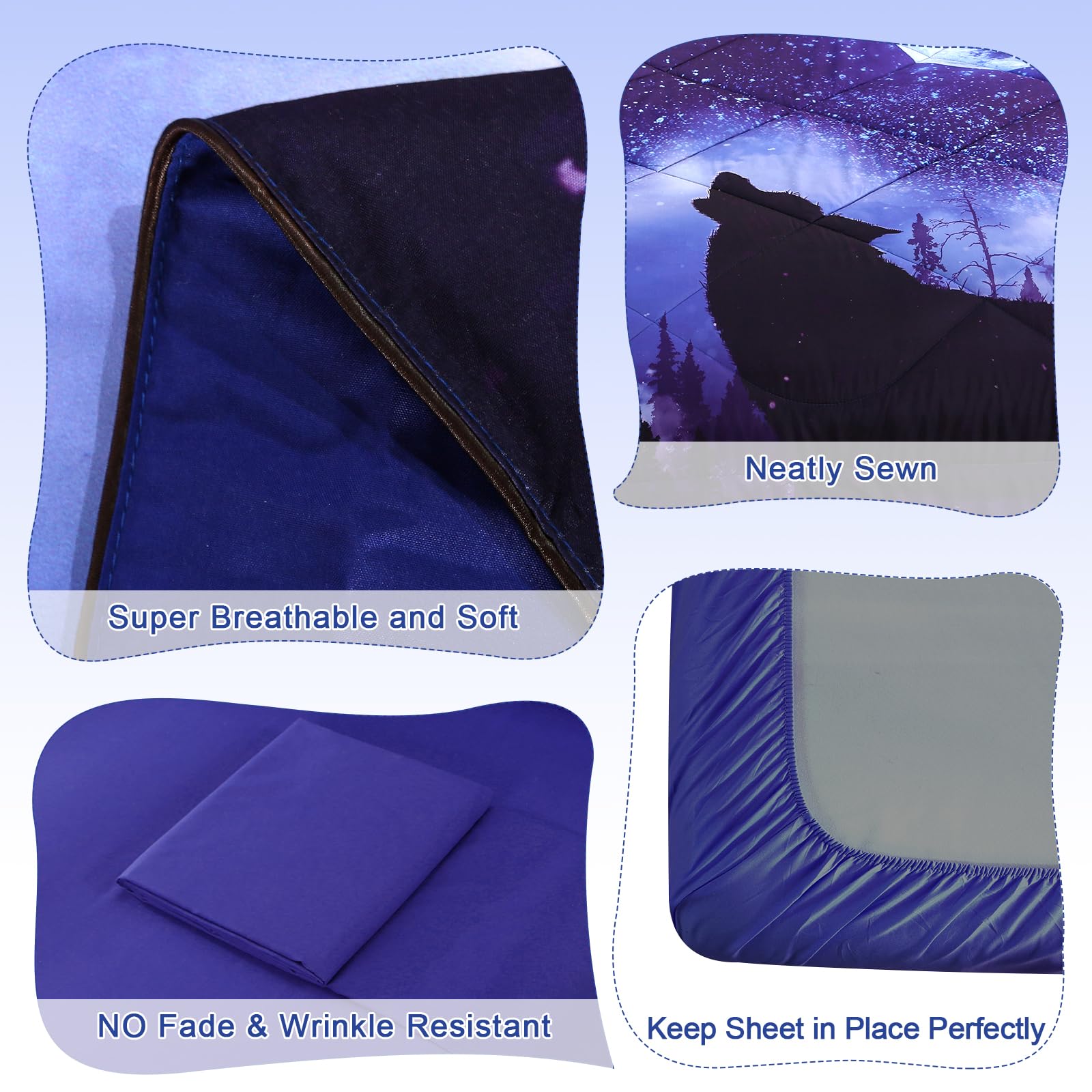 Wolf Comforter Set Queen 5-Piece Blue Bedding for Kids | Boys & Girls Bedroom Decor