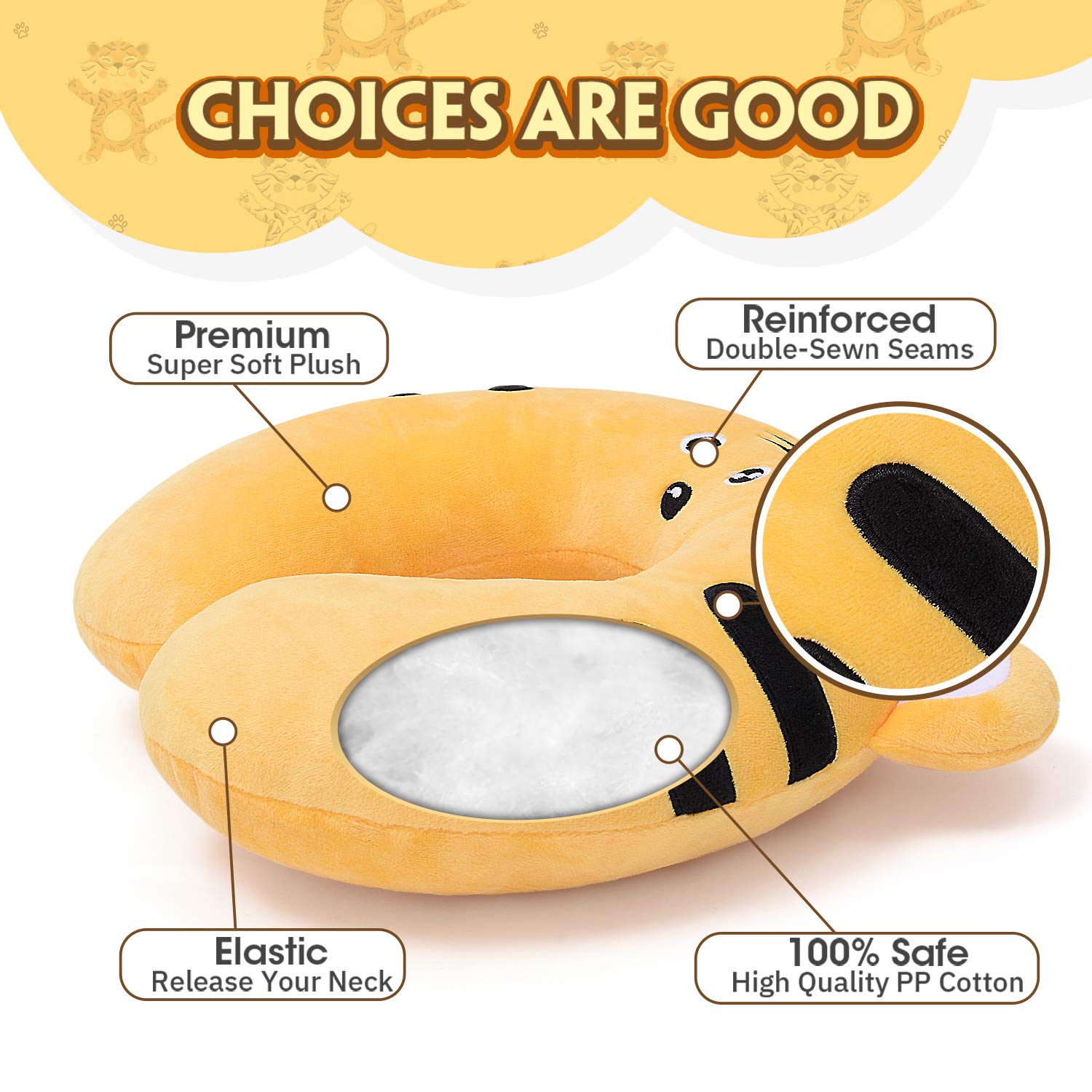 **HOMEWINS Kids Travel Pillow - Cute Animal Neck Pillow for Boys & Girls, Soft Support for Head & Chin - Perfect for Airplane, Car & Train Trips (Tiger Design)**    **Usage Scenarios:** Ideal for long flights, road trips, train rides, or napping at home—keeps kids comfortable and supported.