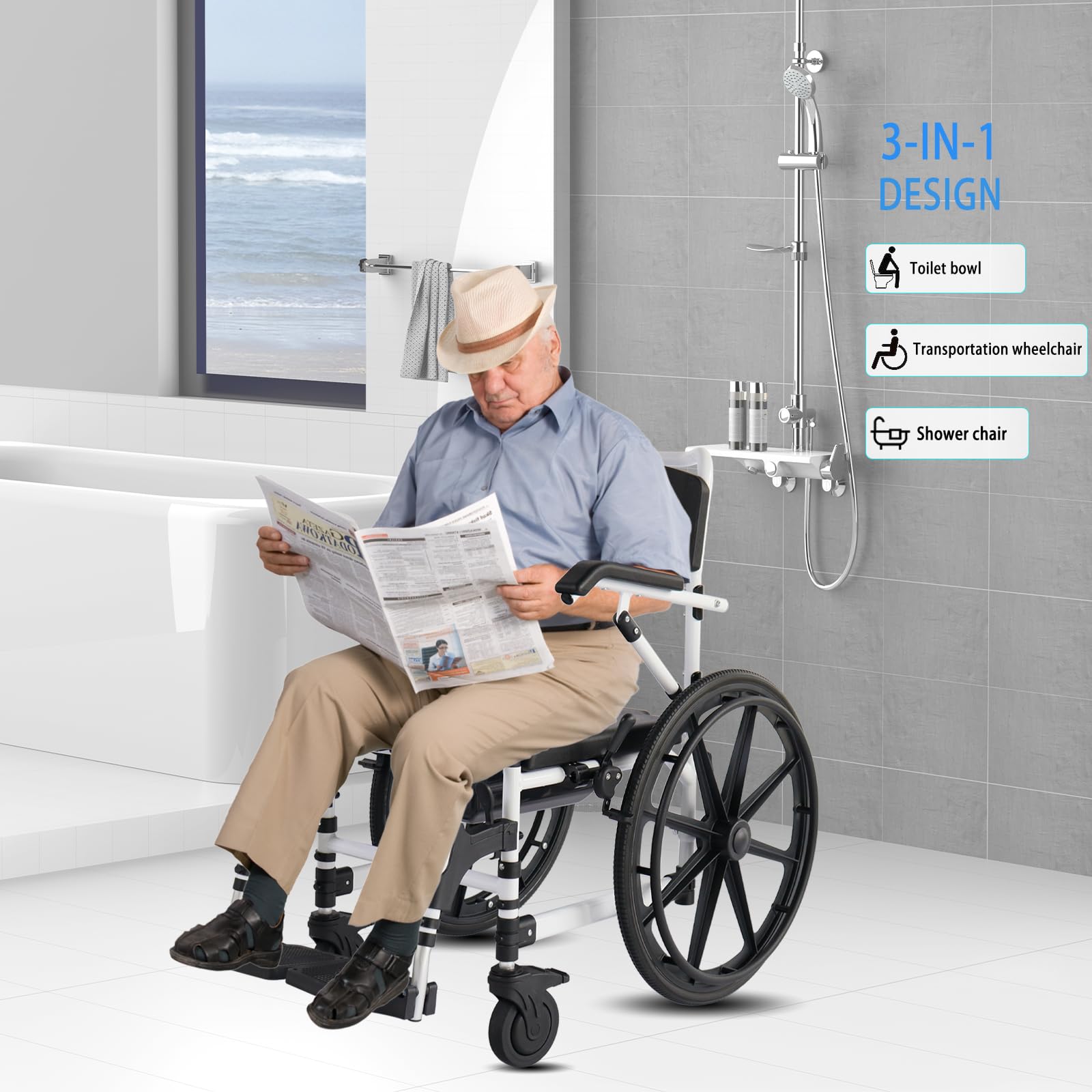 Portable Folding Shower Commode Wheelchair - 300lbs Capacity Waterproof Rolling Toilet Chair with Padded Seat, Armrests & Backrest - Mobility Aid for Small Bathrooms & Tight Spaces (Blue) - Ideal for Elderly Care, Post-Surgery Recovery & Home Healthcare Use