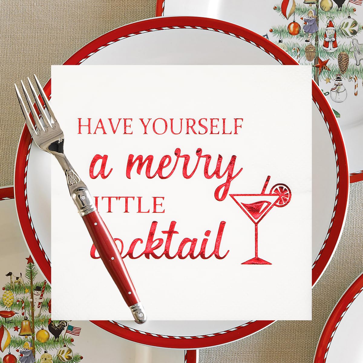 Merry Christmas Cocktail Napkins - 50-Pack 5x5 Inch Red Foil Holiday Party Napkins for Christmas Cocktails, Dinner Parties & Festive Gatherings