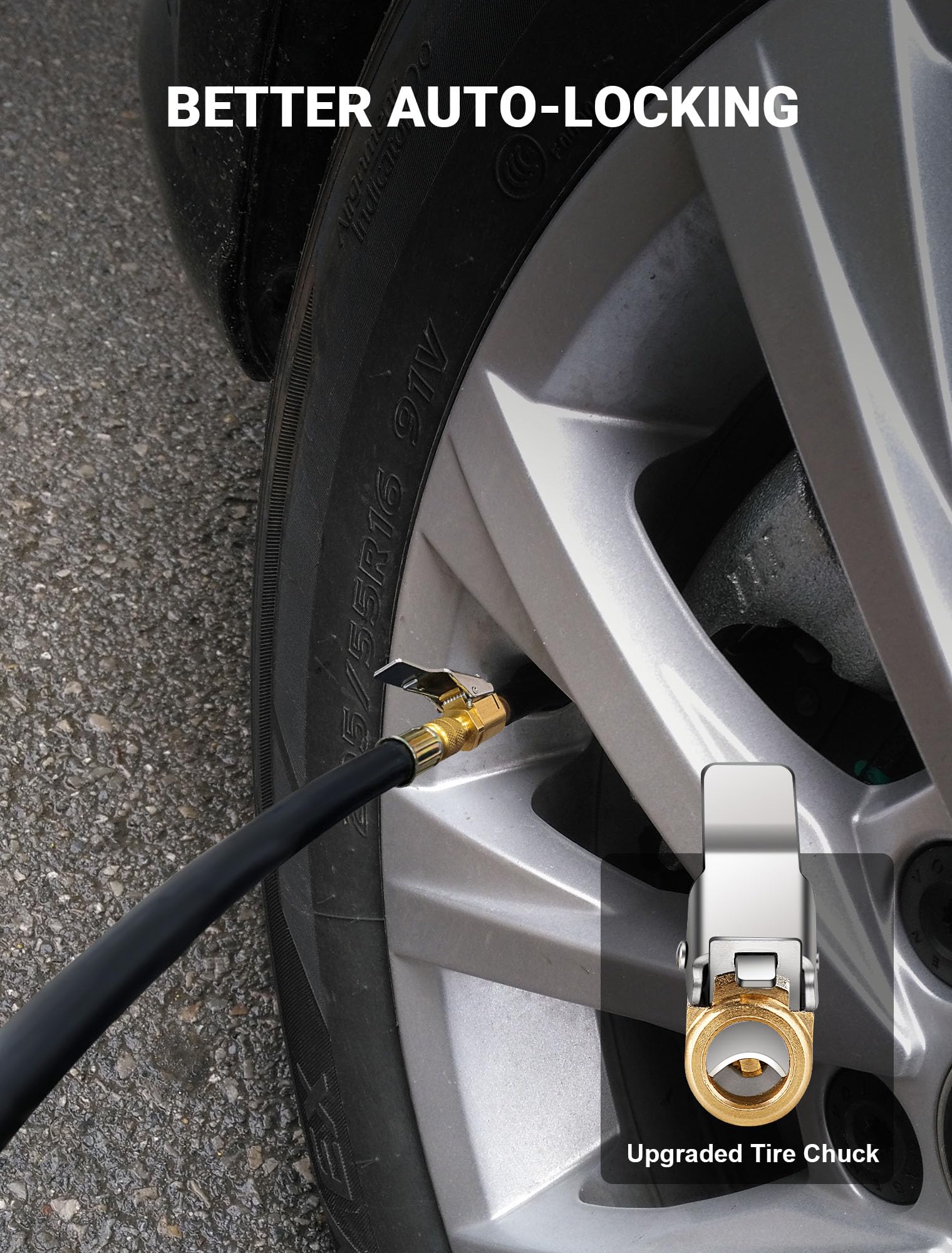 **Premium Brass Locking Tire Air Chuck - No Leak Twist to Lock Adapter for Air Compressors | Heavy-Duty Tire Inflator Hose Connector | Perfect for Trucks, Cars, Bikes & ATVs**    *(Use Case: Ideal for quick and secure tire inflation at home, gas stations, or off-road adventures with zero air leakage.)*