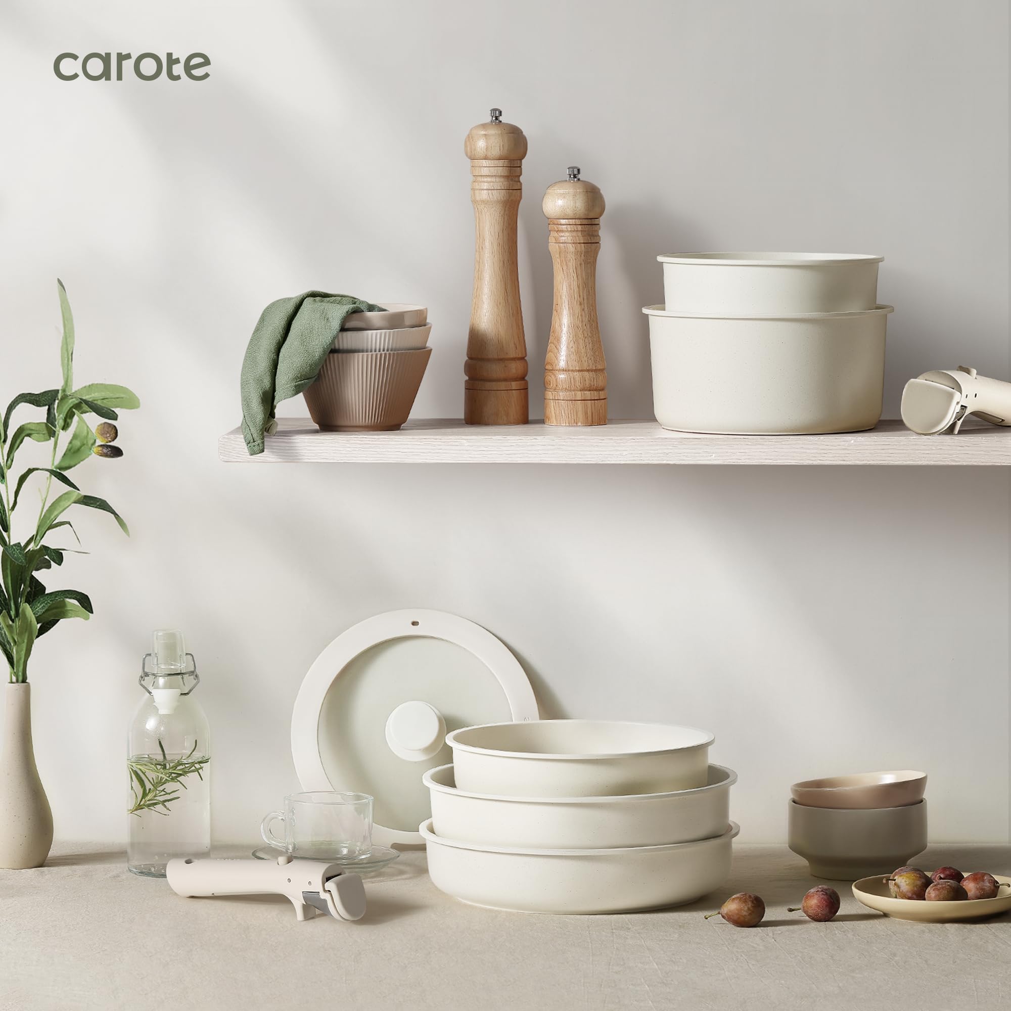CAROTE 23-Piece Nonstick Cookware Set - Induction Compatible Pots and Pans with Detachable Handle, Oven/Dishwasher Safe, Space Saving Kitchen Set for RV, Apartment & Small Spaces - Cream Color