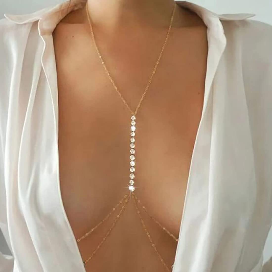 Stylish Layered Rhinestone Bra Chain Body Jewelry for Women & Girls - Gold Crystal Beach & Nightclub Accessory | Perfect for Summer Parties, Festivals & Bachelorette Events