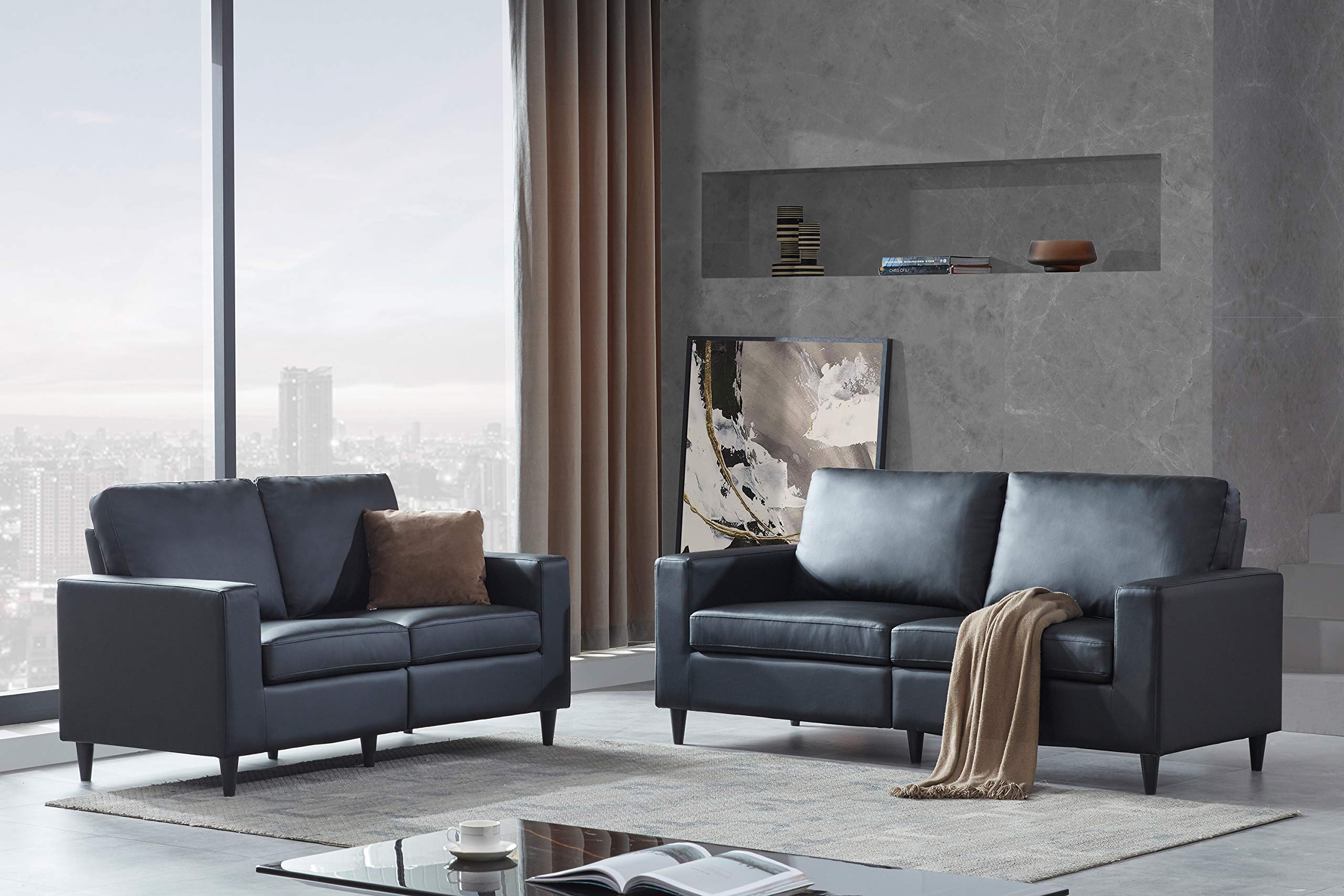 Modern PU Leather Sofa and Loveseat Set - 3-Seater Couch & 2-Seater Loveseat with Attached Cushions - Upholstered Stationary Furniture for Living Room, Office or Lounge (Black) - Perfect for Family Gatherings, Movie Nights & Home Decor