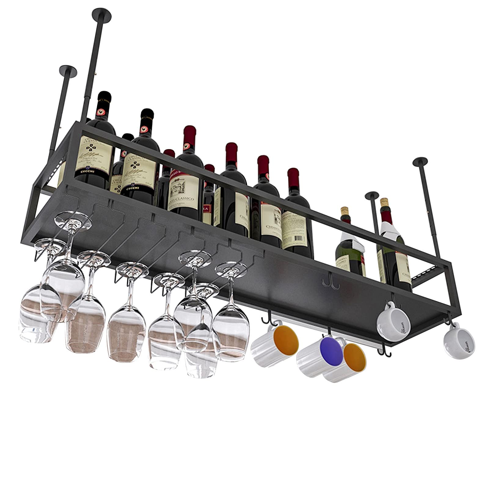 2-Layer Adjustable Industrial Iron Wood Shelf - Heavy Duty Ceiling Rack & Wine Bottle Storage - Perfect for Restaurant, Bar, Kitchen Decor & Home Organization (100cm) - Ideal for Displaying Bottles, Storing Cookware & Maximizing Small Spaces