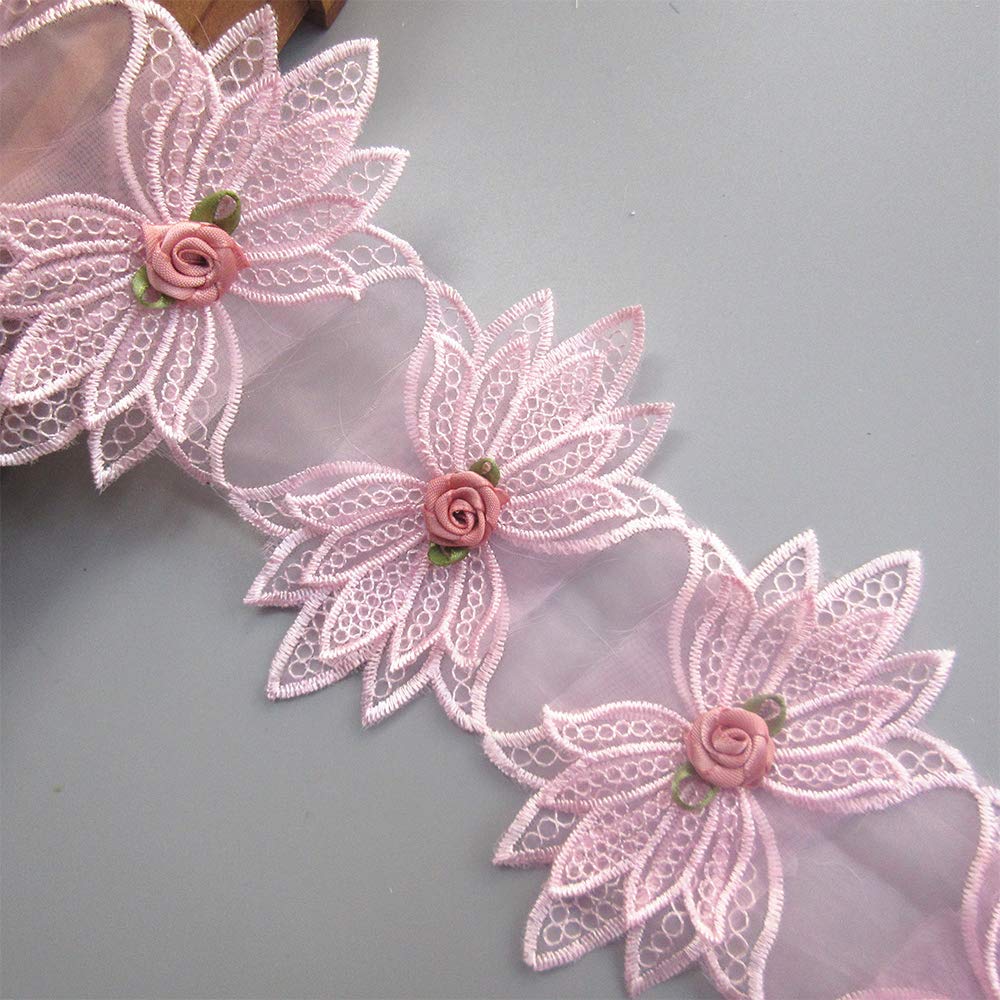 1 Yard 2-Layer Polyester Tulle Flower Lace Edge Trim Ribbon - 10.5 cm Wide Vintage Style Pink Embroidered Applique for Sewing, DIY Crafts, Wedding Dresses, Bridal Gowns & Party Clothing Decoration - Perfect for Dressmaking, Home Decor and Costume Design
